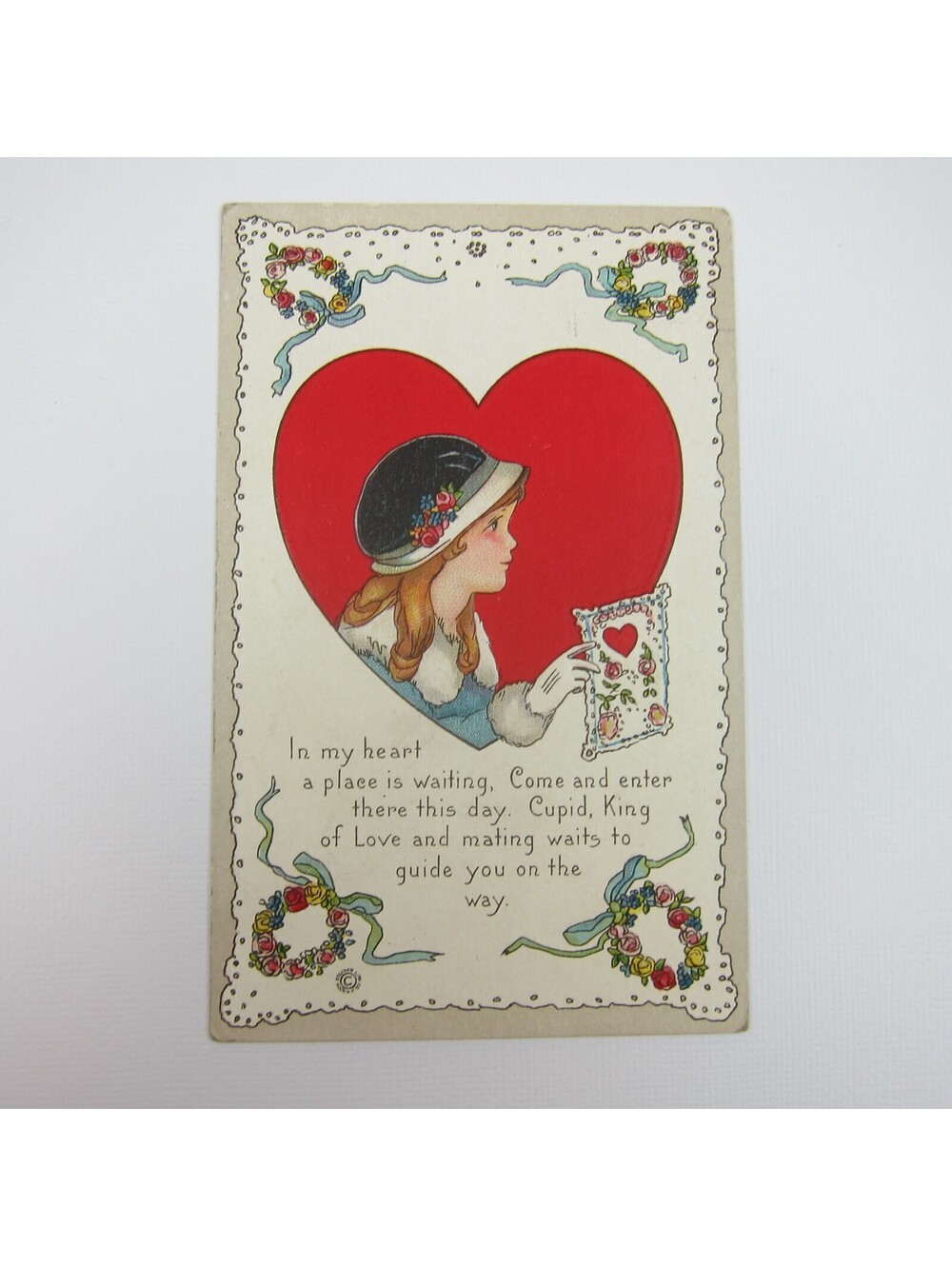 Postcard Valentine Girl Black Hat Card Red Heart Flower Wreaths Antique 1916